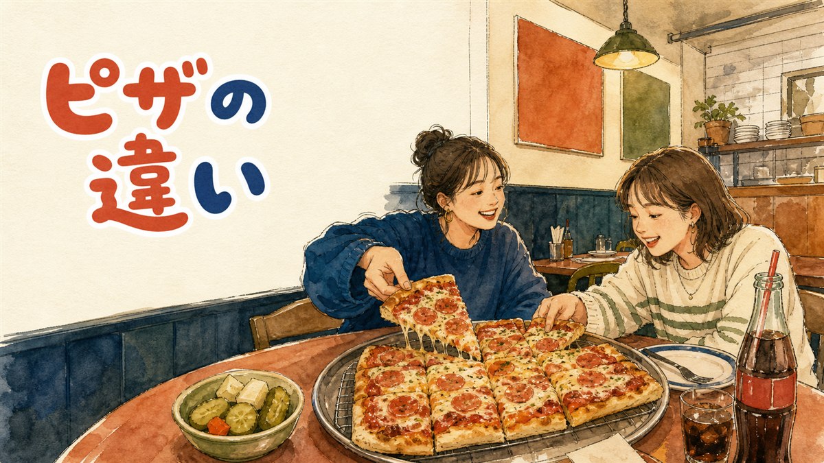 韓国のピザ店でハーフ&ハーフのピザが並ぶテーブル