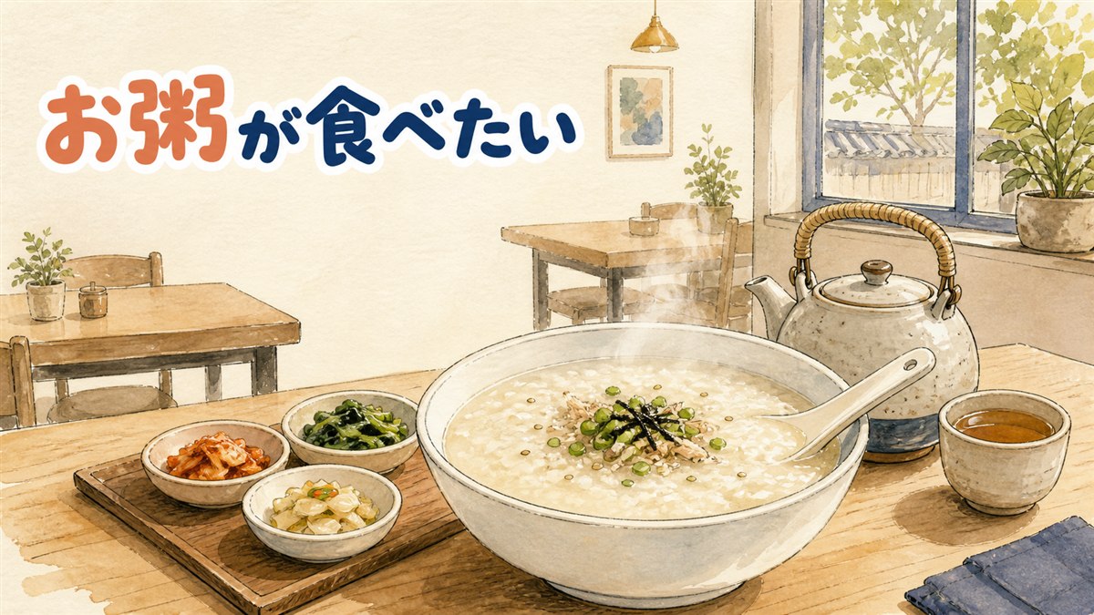 韓国のお粥チェーンの店内で、湯気の立つ白いお粥の器がテーブルに置かれている様子