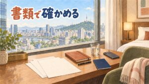 ソウルのホテルの部屋の窓辺の机を描いた水彩イラスト。白紙の書類、茶色のノートとペン、表紙に何も書かれていない紺色の手帳、水の入ったグラス、伏せたスマートフォンが置かれ、窓の外には川とビル街、塔の立つ緑の山が見える。人物や医療機器は描かれていない。左上に「書類で確かめる」の手書き文字