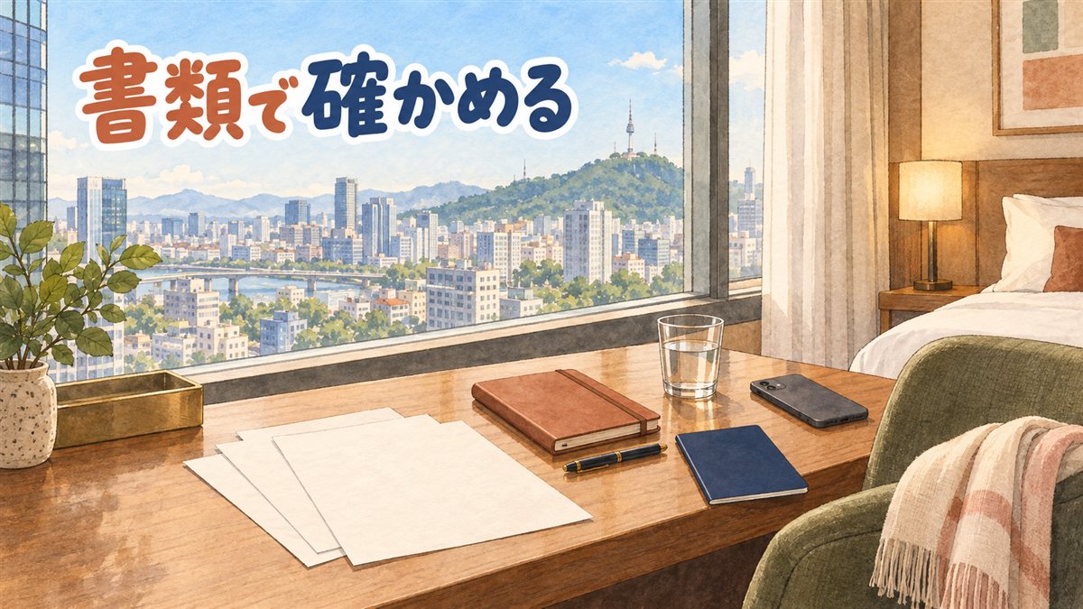 ソウルのホテルの部屋の窓辺の机を描いた水彩イラスト。白紙の書類、茶色のノートとペン、表紙に何も書かれていない紺色の手帳、水の入ったグラス、伏せたスマートフォンが置かれ、窓の外には川とビル街、塔の立つ緑の山が見える。人物や医療機器は描かれていない。左上に「書類で確かめる」の手書き文字