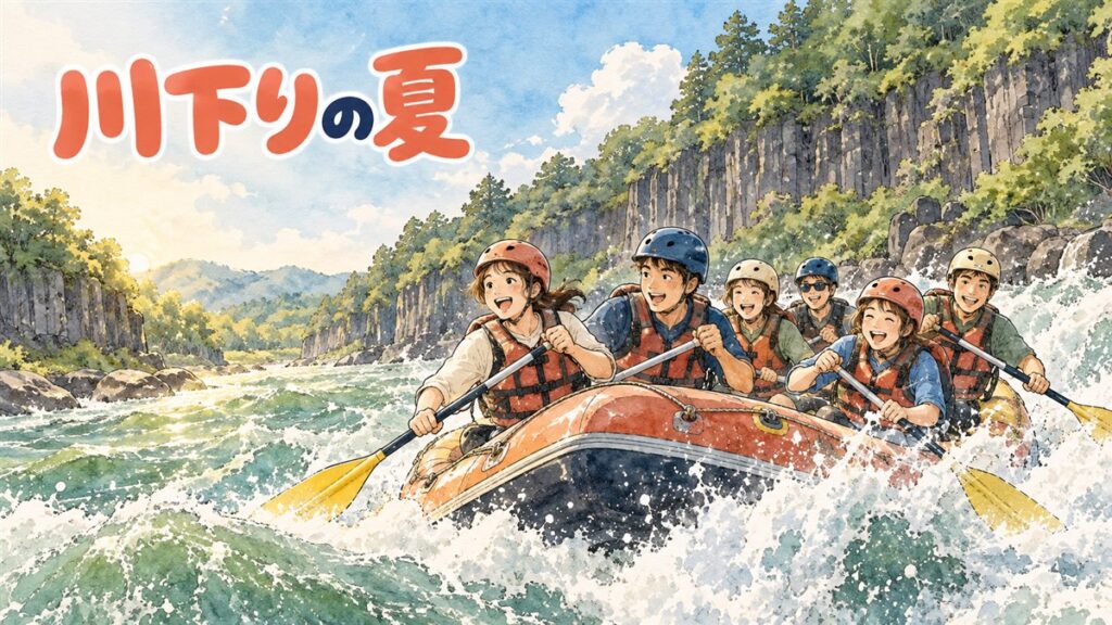 渓谷の急流をゴムボートでラフティングする観光客たちの夏のイメージ