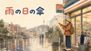 雨の降るソウルの繁華街でコンビニの前に立つ旅行者と傘