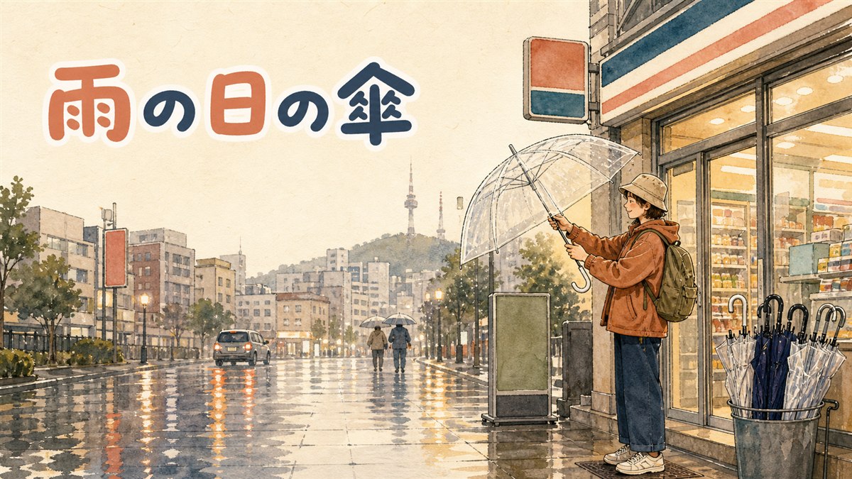雨の降るソウルの繁華街でコンビニの前に立つ旅行者と傘