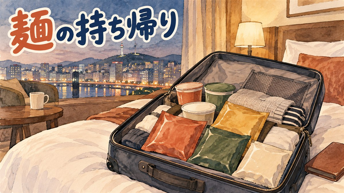 韓国のカップ麺と鍋で煮るタイプの袋ラーメンを見比べながら、日本に持ち帰れるか考えている旅行者のイメージ