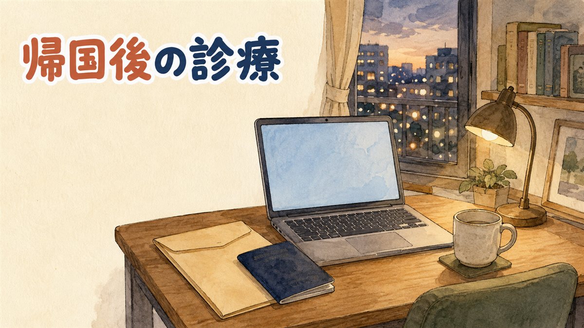 夕方の日本の部屋の机に、画面が薄い青一色のノートパソコンが開かれ、その脇にクリニックの書類が入った封筒とパスポート、マグカップ、小さな卓上ランプが置かれ、窓の外に街の灯りがにじむイラスト。韓国で施術を受けて帰国したあとのオンライン診療の法制化を整理した記事のアイキャッチ画像