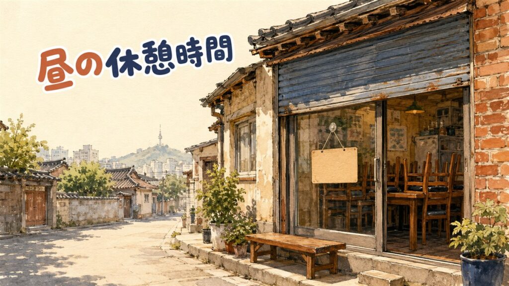 韓国の食堂の入り口の扉に、休憩中を知らせる小さな案内板がかかっている情景