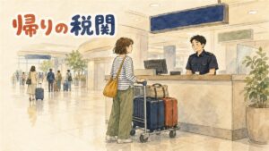 空港の税関検査エリアでスーツケースを前に申告の案内表示を見上げる韓国旅行帰りの女性