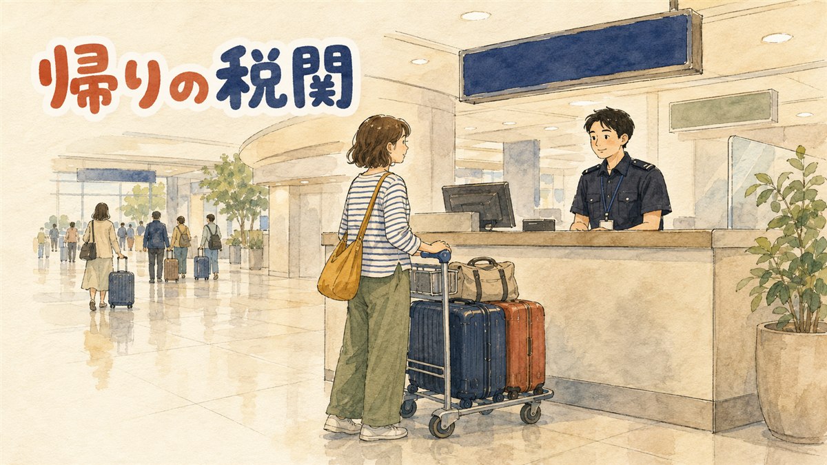 空港の税関検査エリアでスーツケースを前に申告の案内表示を見上げる韓国旅行帰りの女性