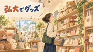 AK PLAZA弘大3階のリラックマ常設ショップの店内で、ぬいぐるみや雑貨が並ぶ棚を眺める買い物客の様子