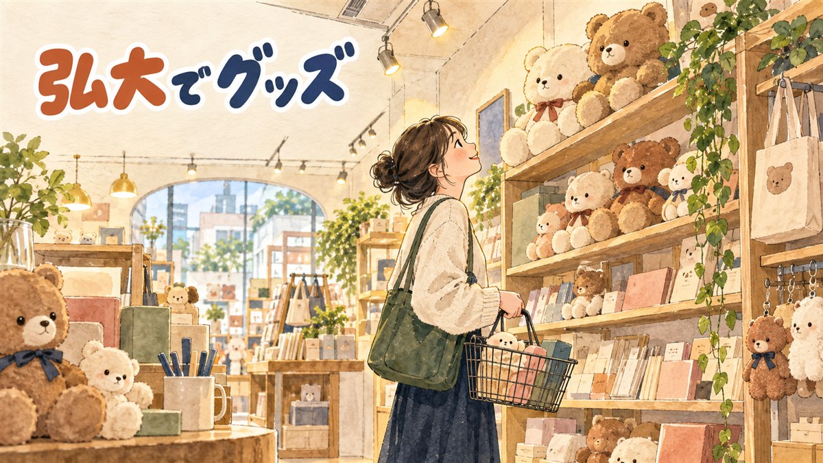 AK PLAZA弘大3階のリラックマ常設ショップの店内で、ぬいぐるみや雑貨が並ぶ棚を眺める買い物客の様子