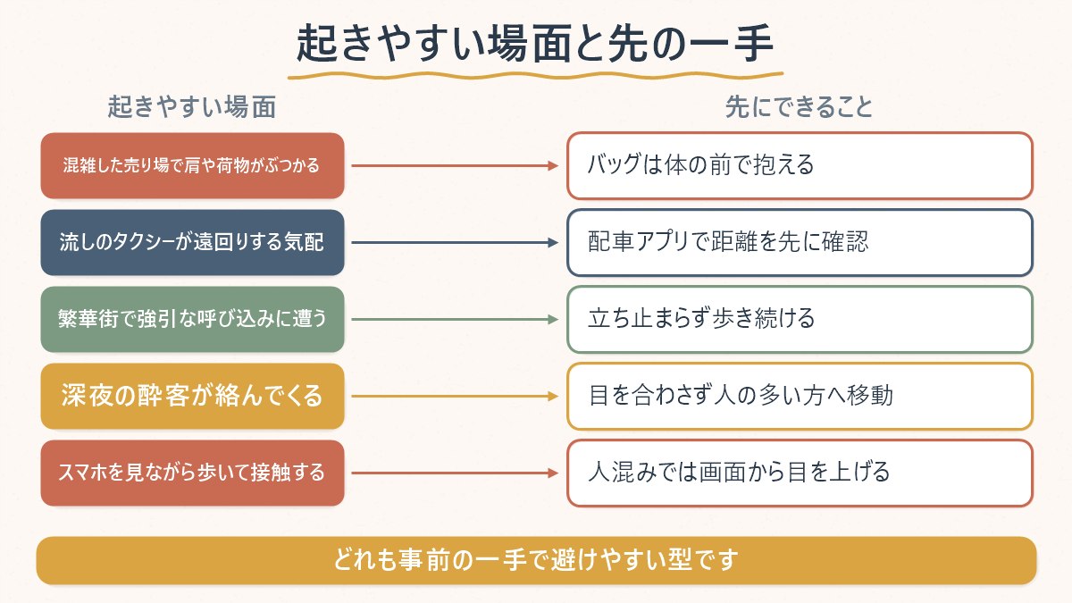 旅行者が遭遇しやすいトラブルの型と、その場でできる対応を対応させた図
