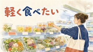 韓国のコンビニでサラダとカット果物を選ぶ場面