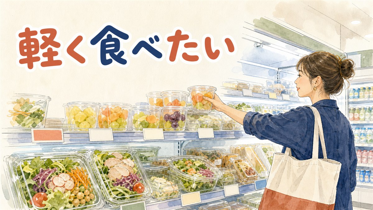 韓国のコンビニでサラダとカット果物を選ぶ場面