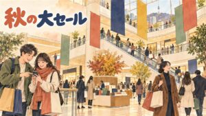 K-세일페스타(コリアセールフェスタ)会期中、ソウルの繁華街で買い物袋を持って歩く旅行者と、免税店・百貨店が並ぶ通り
