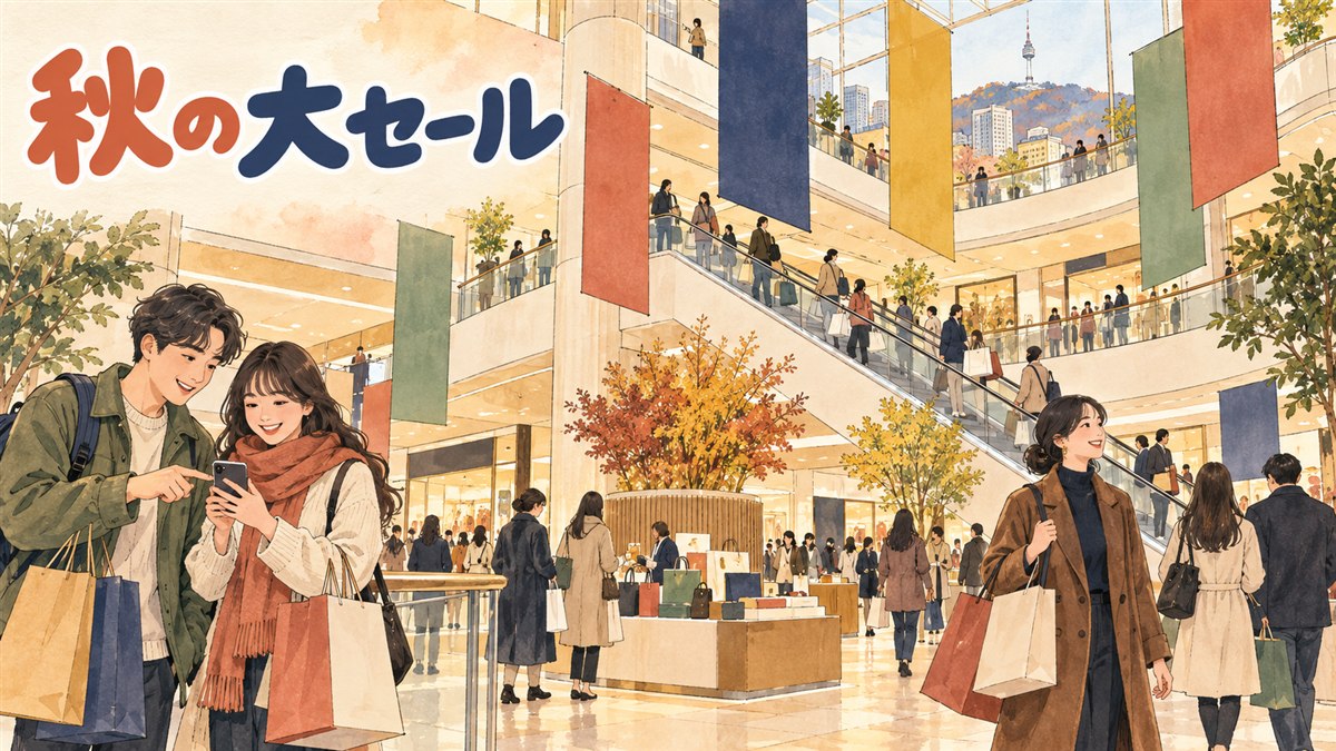 K-세일페스타(コリアセールフェスタ)会期中、ソウルの繁華街で買い物袋を持って歩く旅行者と、免税店・百貨店が並ぶ通り