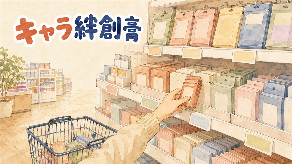 韓国のドラッグストアの衛生用品の棚に、小さな絆創膏の箱とアイマスクが並び、買い物客が1箱を手に取っている情景