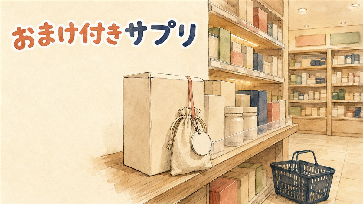 韓国のドラッグストアの健康食品売り場。棚の手前に無地のサプリの箱が1つ立ち、その横にリボンで下げた小さな布のポーチと丸いキーリングのタグが掛かっている。奥には棚が続き、右下に買い物かごが置かれている