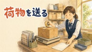韓国の郵便局の窓口でスーツケースから取り出した荷物を段ボール箱に詰めている女性旅行者