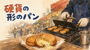 屋台の焼き型でコイン形のチーズパンが並んで焼かれている写真