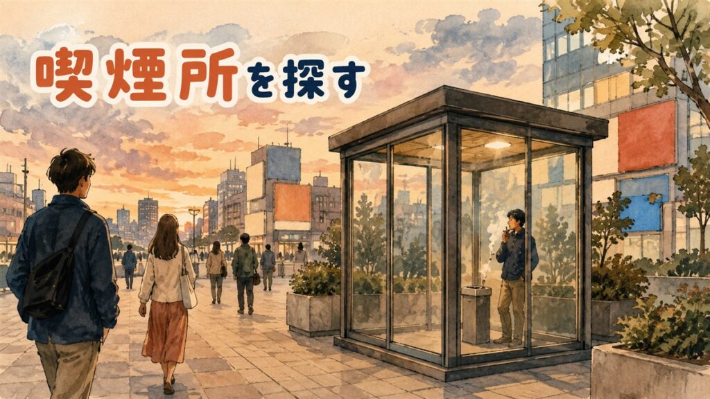 韓国の繁華街の歩道で禁煙区域の案内表示を見上げる旅行者のうしろ姿