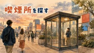 韓国の繁華街の歩道で禁煙区域の案内表示を見上げる旅行者のうしろ姿