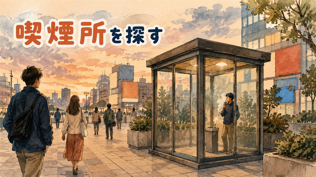 韓国の繁華街の歩道で禁煙区域の案内表示を見上げる旅行者のうしろ姿
