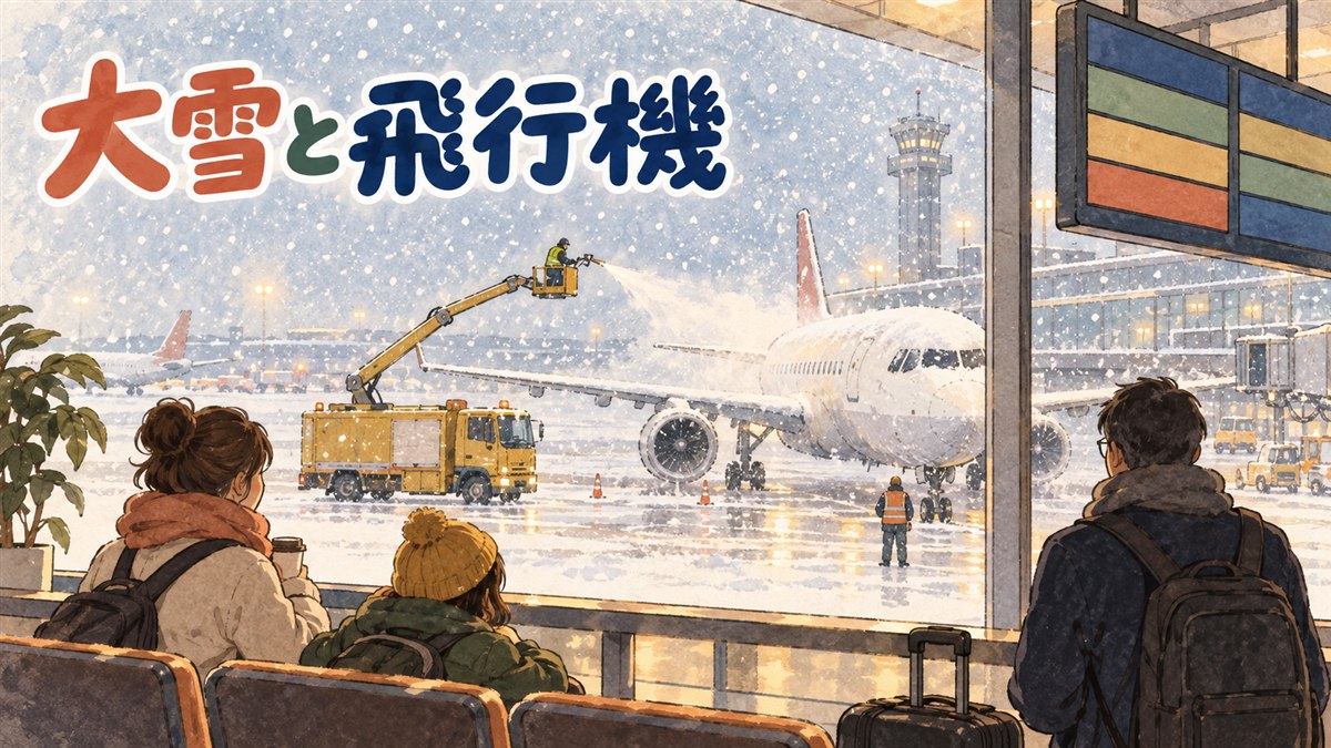 大雪の日の空港で運航状況の案内板を見上げる旅行者の様子