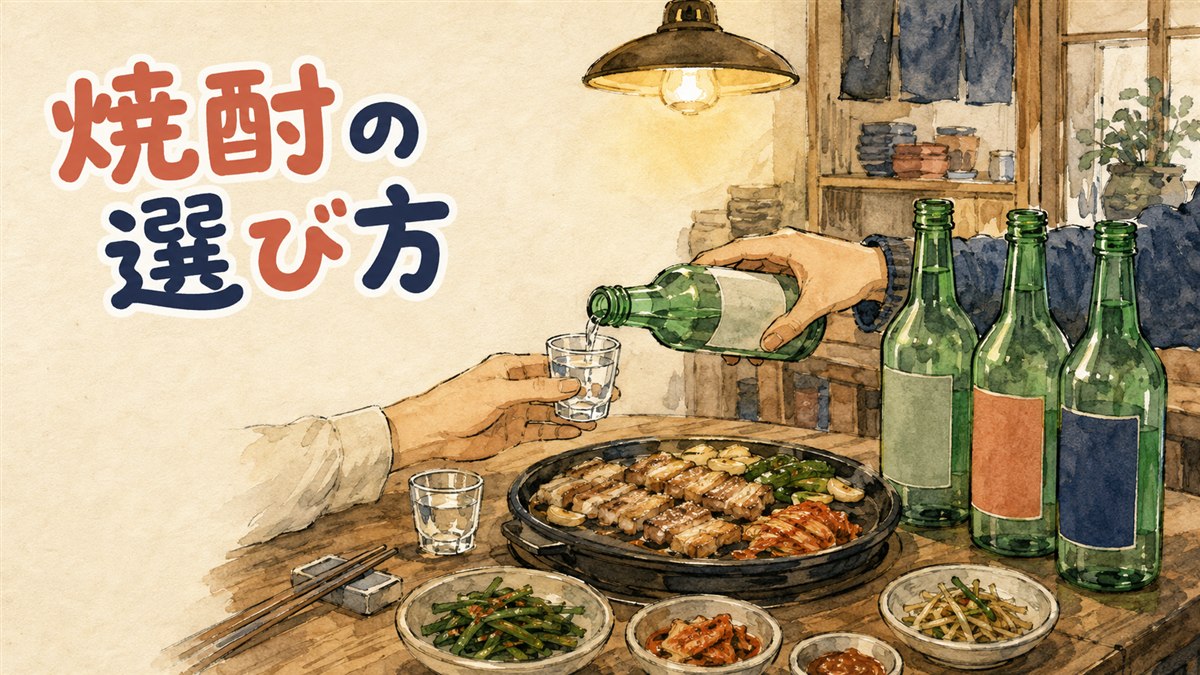 韓国の食卓に緑色の焼酎瓶とグラスが並ぶ様子