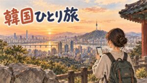 スーツケースを引きながら夕方のソウルの街を一人で歩く女性旅行者のうしろ姿