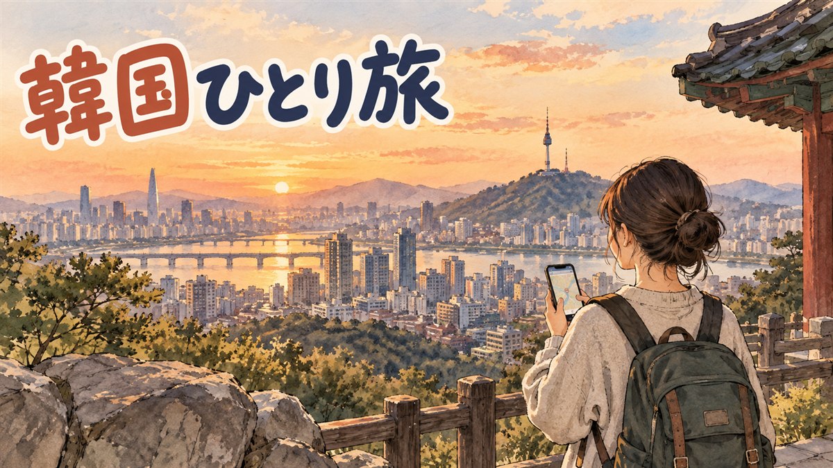 スーツケースを引きながら夕方のソウルの街を一人で歩く女性旅行者のうしろ姿