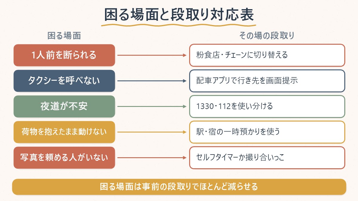 一人旅で困る5つの場面と、それぞれの段取り（対処法）の対応関係を示す図