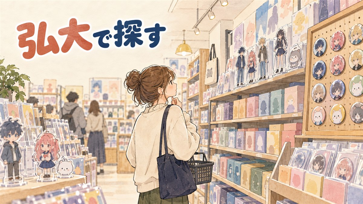 韓国のアニメイト店内でSPY×FAMILYのグッズ棚を眺める人物のイメージ
