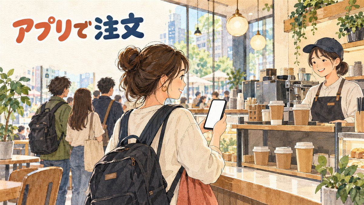韓国のスターバックス店舗の前でスマートフォンを見ながら並ぶ旅行者の様子