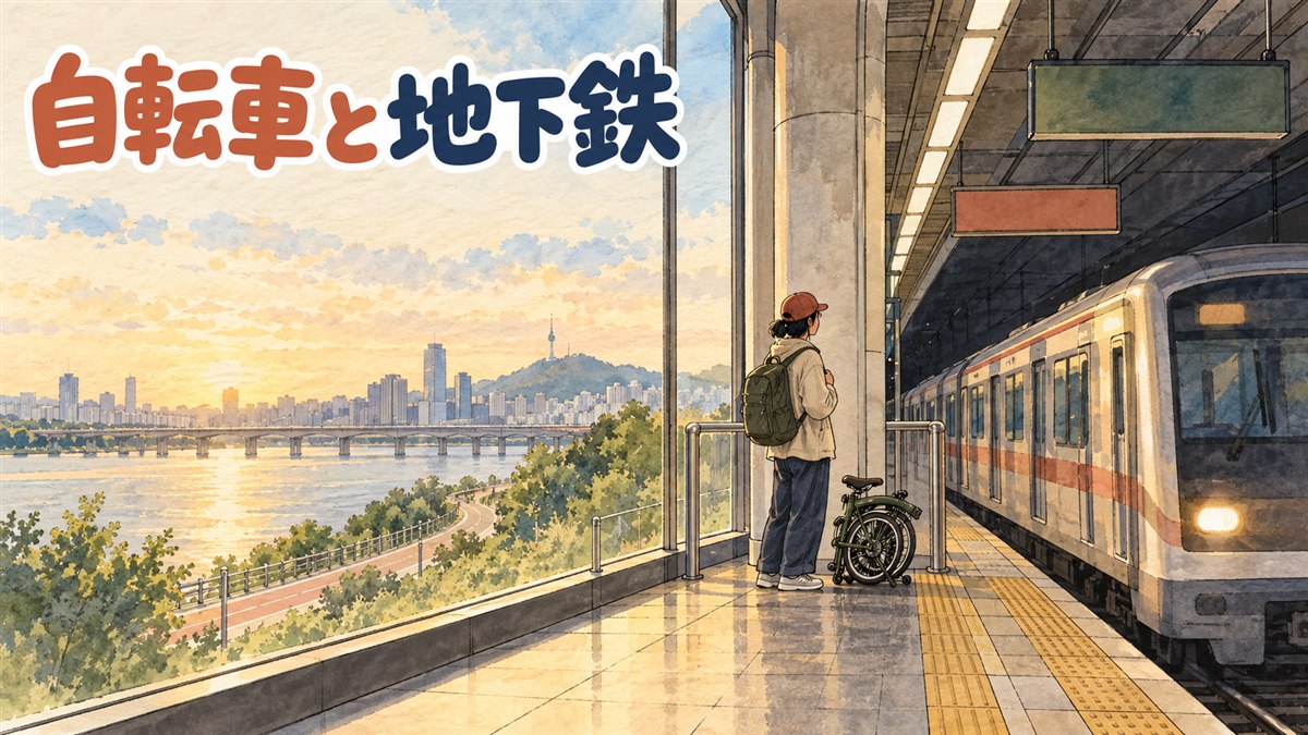 ソウルの地下鉄駅ホームで折りたたみ自転車を持って電車を待つ人の様子