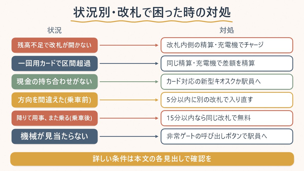 地下鉄の改札で起きた状況ごとに、どこへ向かえばいいかを一覧にした図