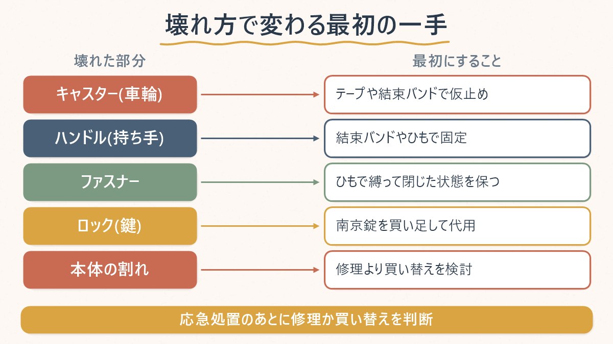 壊れた部分ごとに最初にすべき応急処置を整理した図