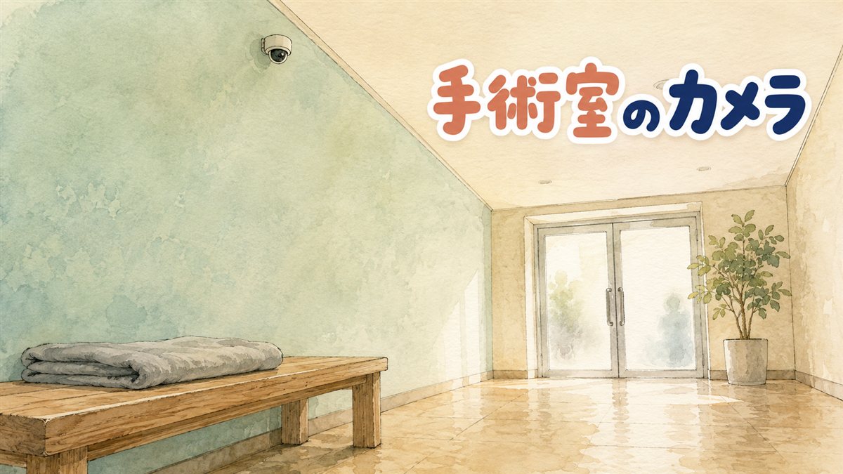 クリニックの静かな手術前の廊下を低い視点から描いたイラスト。淡いミントグリーンの壁の高い位置に小さなドーム型カメラがあり、手前に灰色の毛布を畳んで置いた木のベンチ、奥にすりガラスの両開き扉と鉢植えが見える。韓国の手術室CCTVの制度と撮影を頼む段取りを整理した記事のアイキャッチ画像
