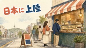 韓国スイーツの店頭で商品を選ぶ人物の写真
