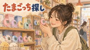 バンダイナムコの複合ショップFUN SQUAREの店頭でたまごっちの本体を選ぶ旅行者のイメージ