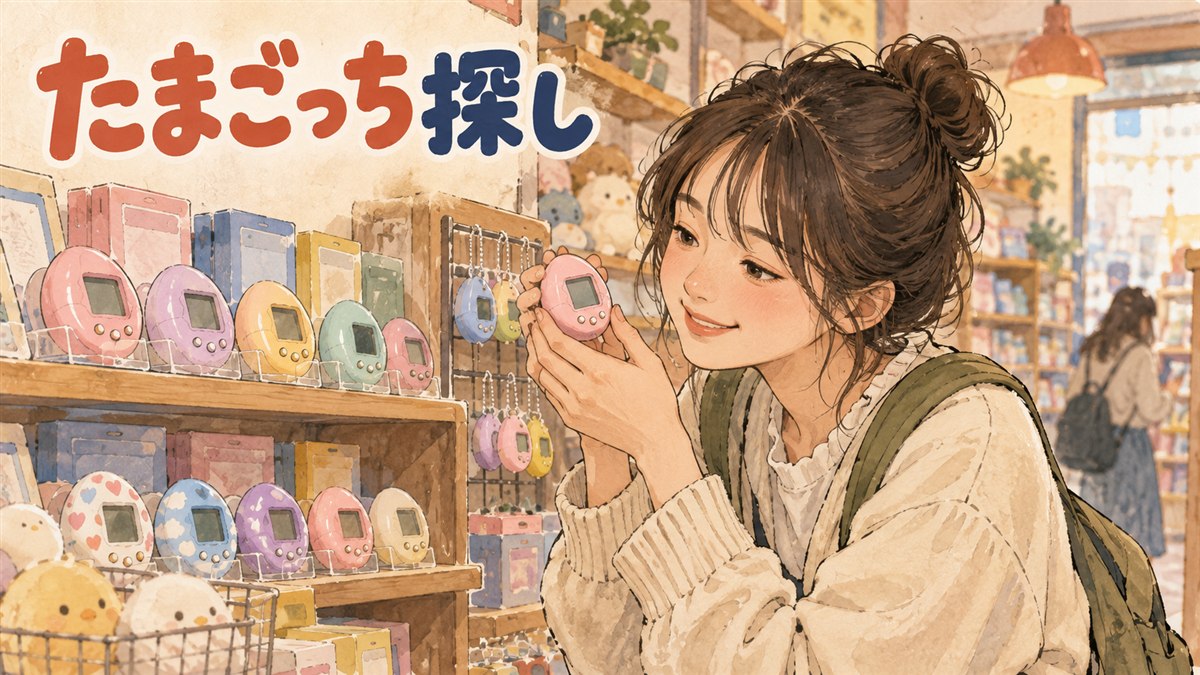 バンダイナムコの複合ショップFUN SQUAREの店頭でたまごっちの本体を選ぶ旅行者のイメージ
