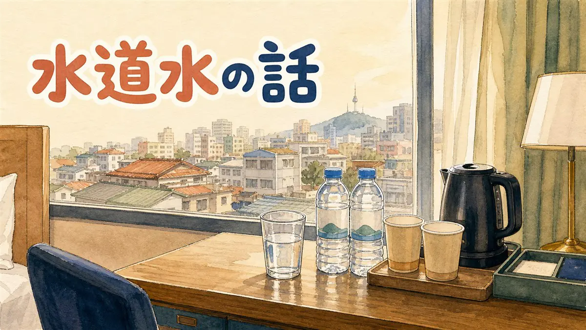 韓国の街角でペットボトルの水を手にする旅行者と、屋外の飲水台がある公園の情景