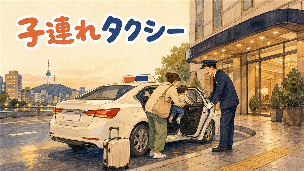 韓国の街なかでタクシーを待つ、小さな子どもを抱いた親子の後ろ姿