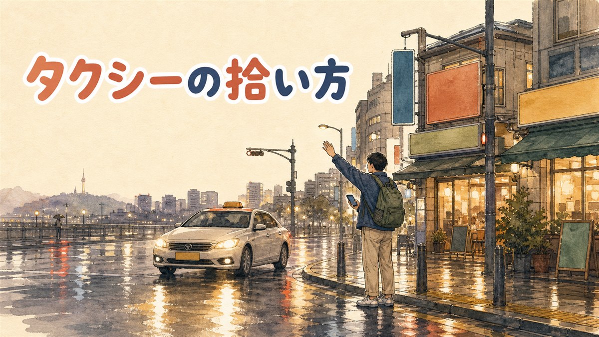 夜のソウルの路上でタクシーを待つ旅行者