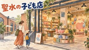 聖水のティニピン公式ブランドストアの店内で、親子連れがキャラクターグッズの棚を見ている情景