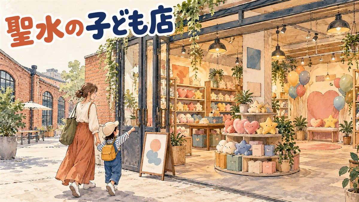 聖水のティニピン公式ブランドストアの店内で、親子連れがキャラクターグッズの棚を見ている情景