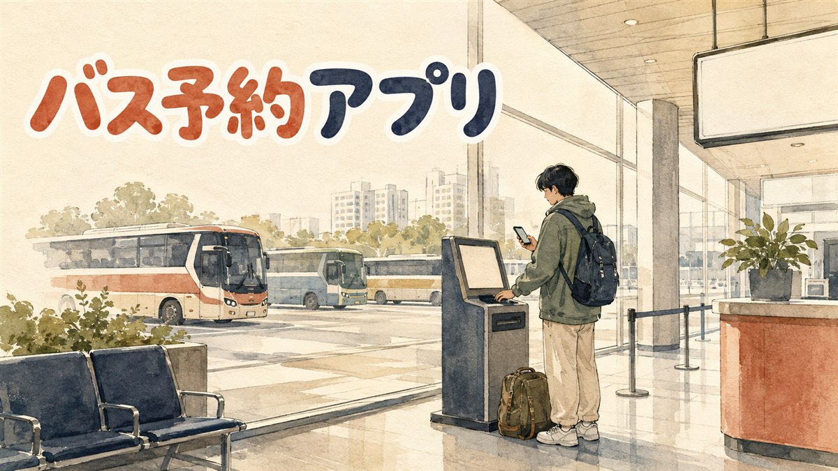 スマートフォンでバス予約アプリの画面を確認しながら困った表情を浮かべる旅行者