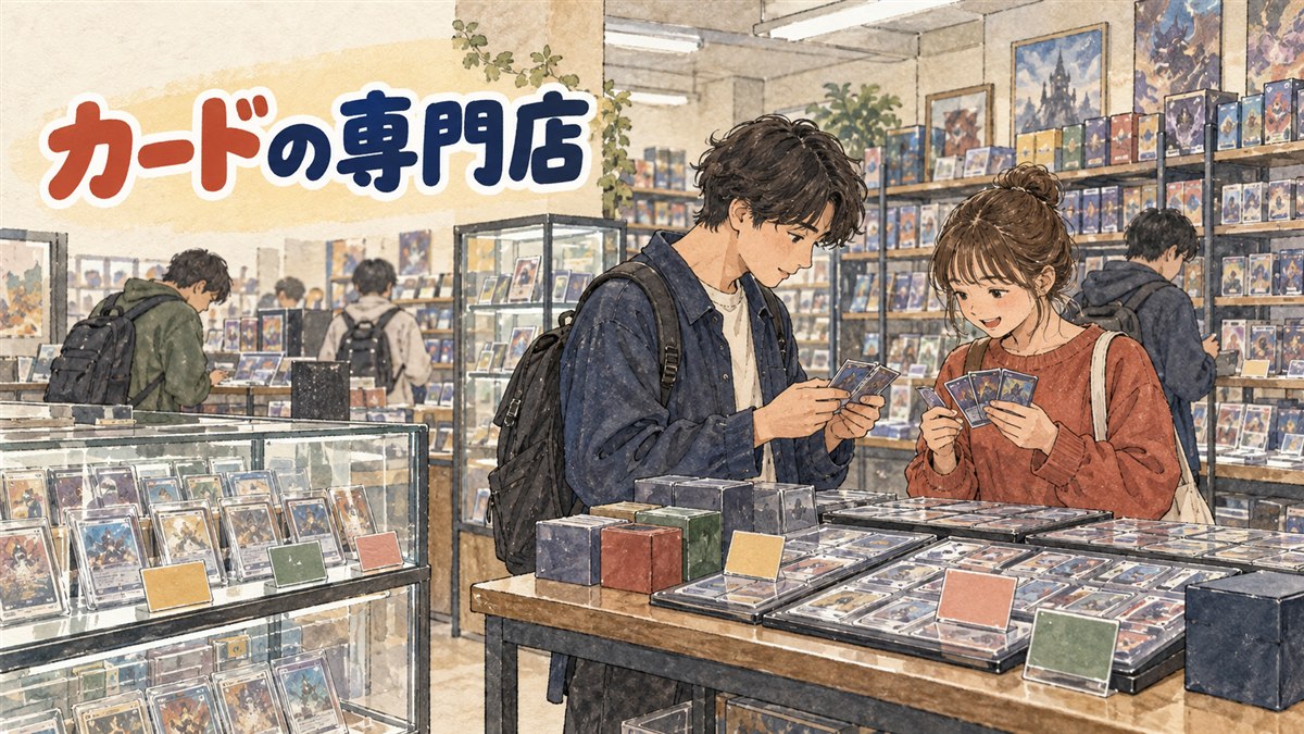 ソウルのトレーディングカード専門店で棚に並ぶポケモンカードとK-POPフォトカードのイメージ