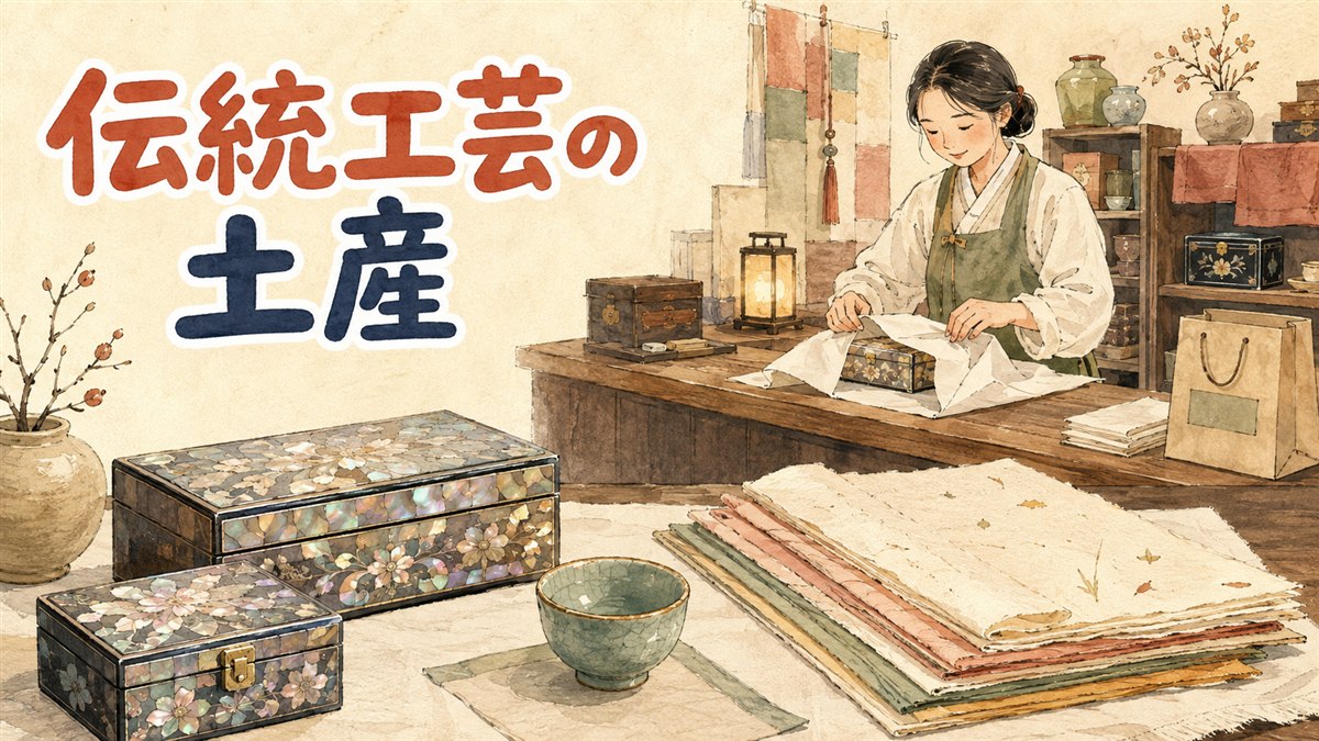 仁寺洞の工芸品店に並ぶ螺鈿漆器と韓紙小物、白磁の器を見比べる旅行者の様子