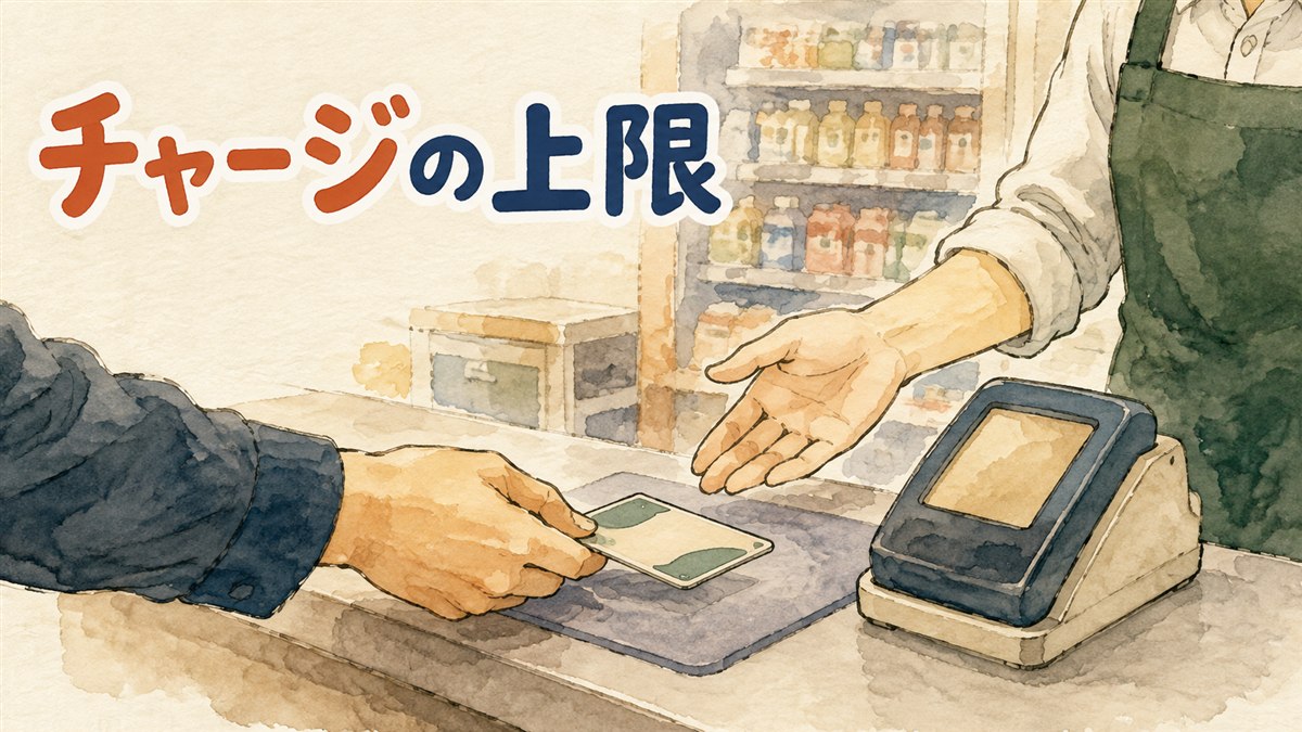 コンビニのレジで交通カードにチャージしている様子