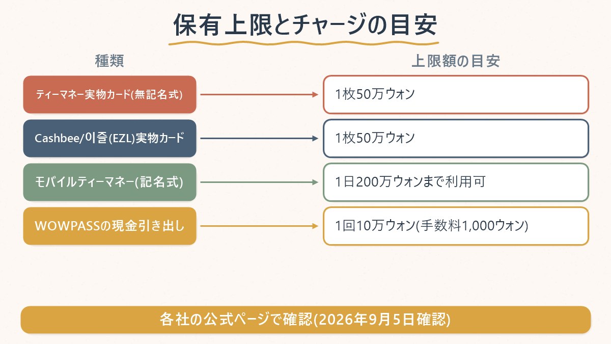 カードの種類ごとにチャージ上限の目安がどう違うかを示す図